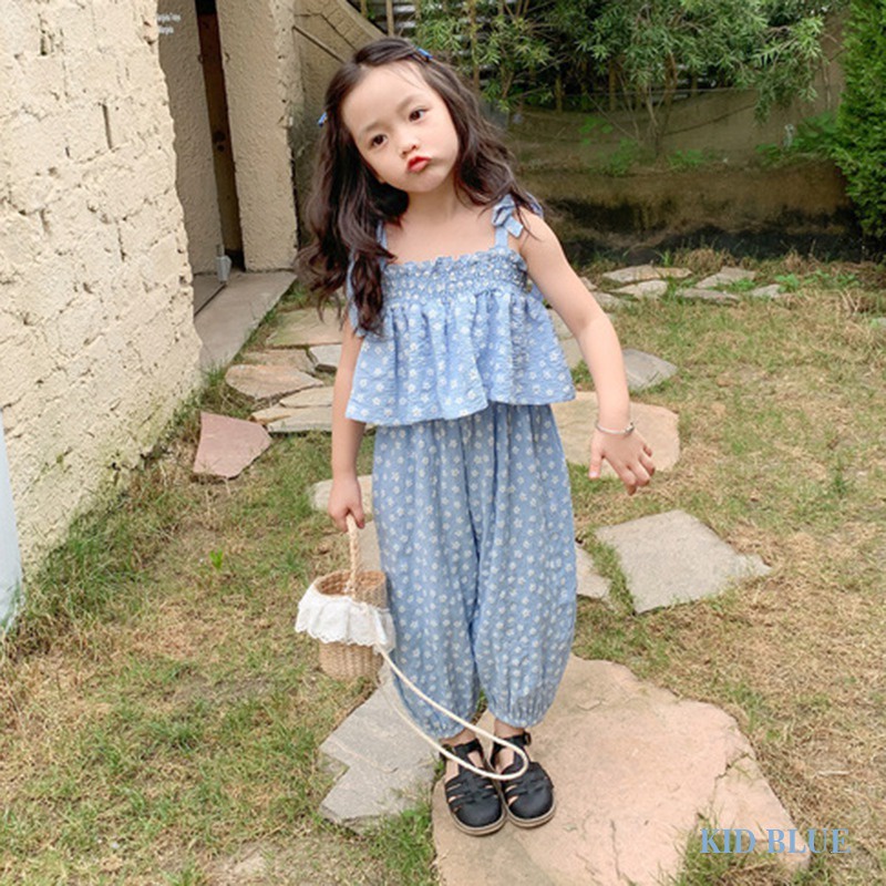 Bộ Áo Hai Dây In Hoa + Quần Dài Chống Muỗi Dễ Thương Thời Trang Mùa Hè Cho Bé Gái