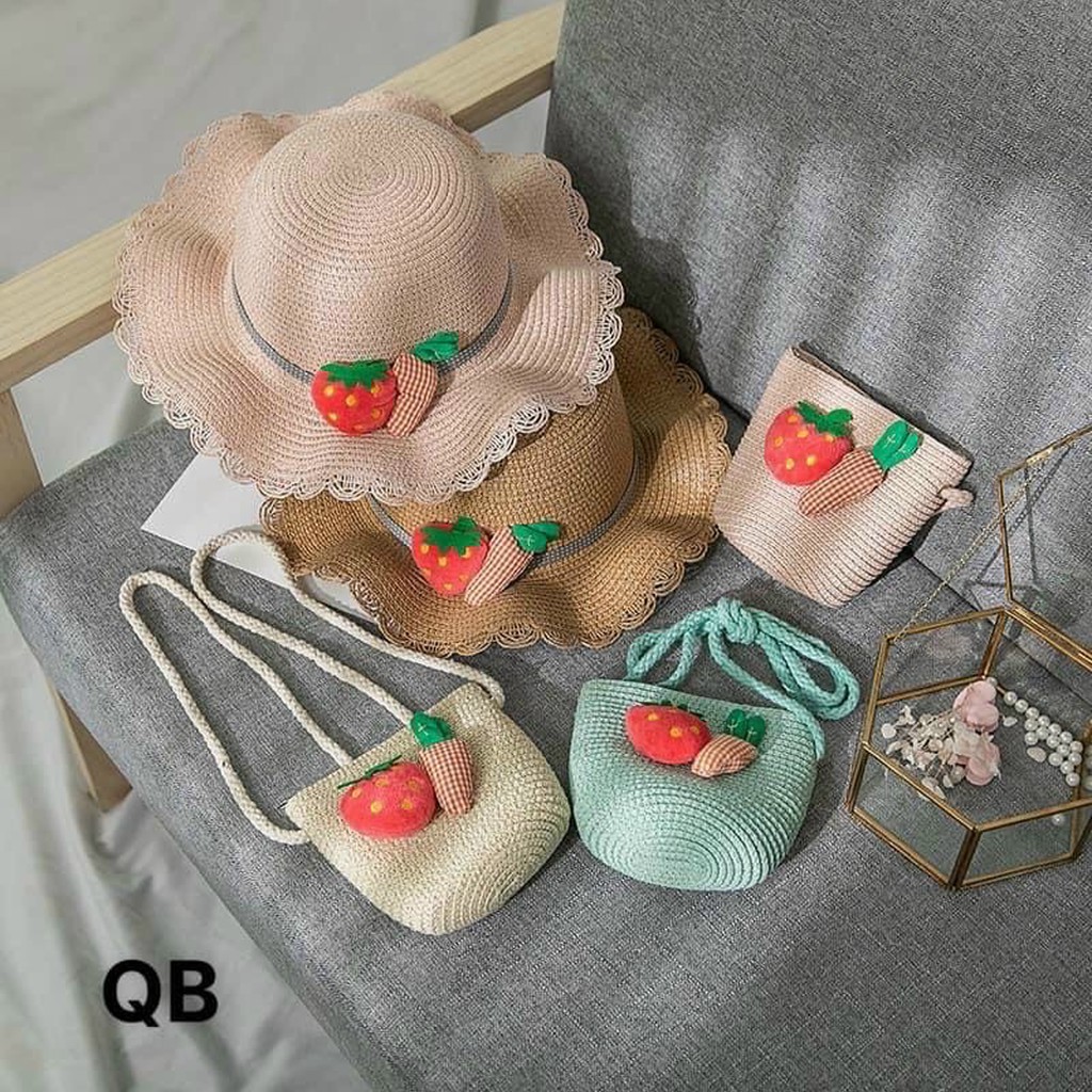 Set túi mũ cói và túi cói dâu tây dễ thương cho bé đi học đi biển đi chơi từ 2 đến 8 tuổi