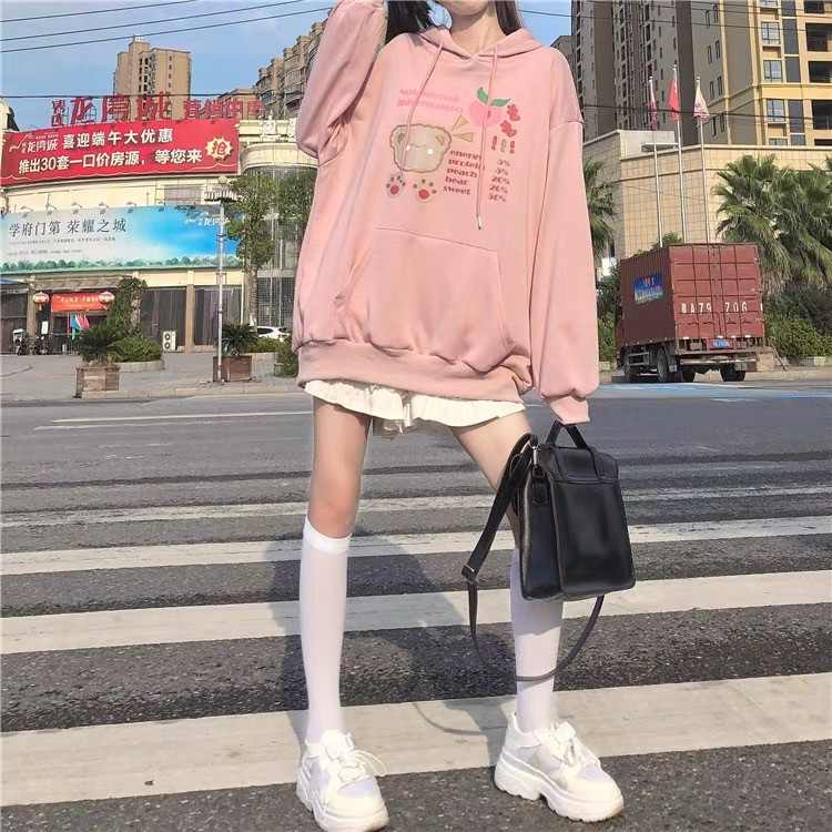 <M-XL> ÁO HOODIE FORM RỘNG TAI THỎ SAU NÓN HÌNH GẤU ĐÀO SIÊU XINH - ORDER 10 NGÀY