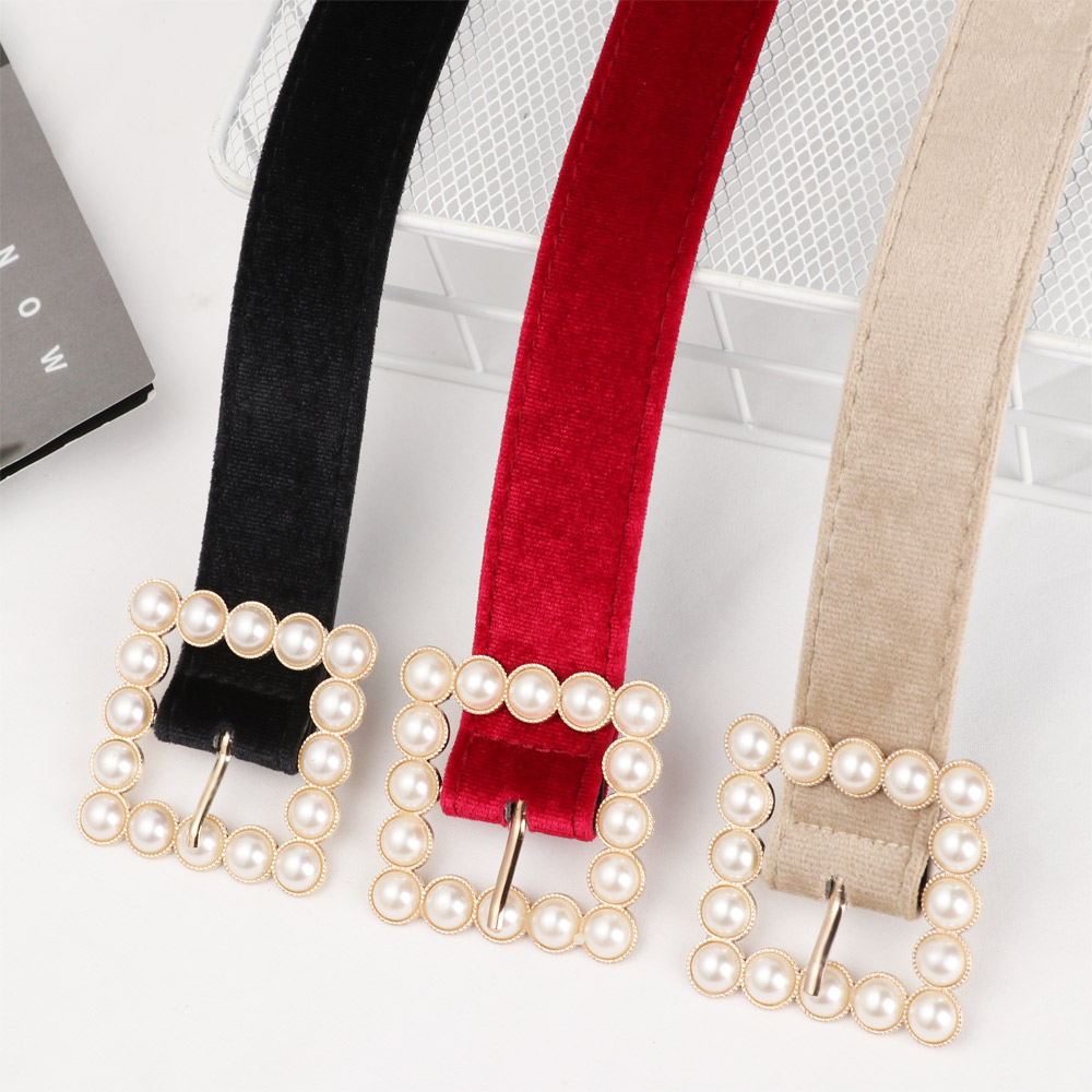 Thắt Lưng Vải Nhung Đính Hạt Ngọc Trai Nhiều Màu Sắc Phong Cách Thanh Lịch Thời Trang