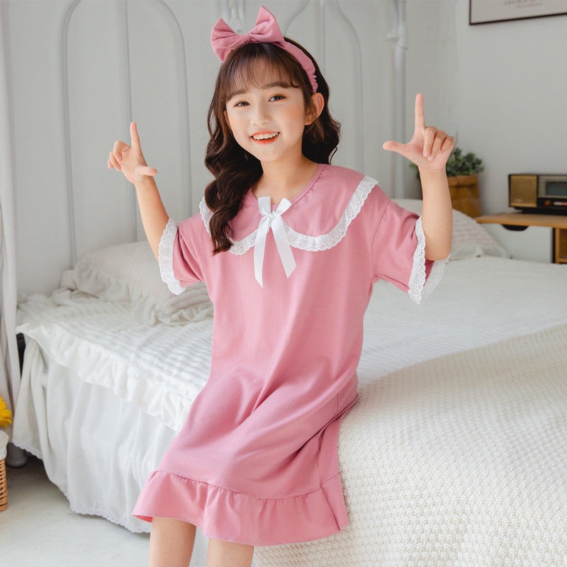 Đầm ngủ bé gái vải cotton mỏng tay ngắn phối ren điệu đà thời trang mùa hè