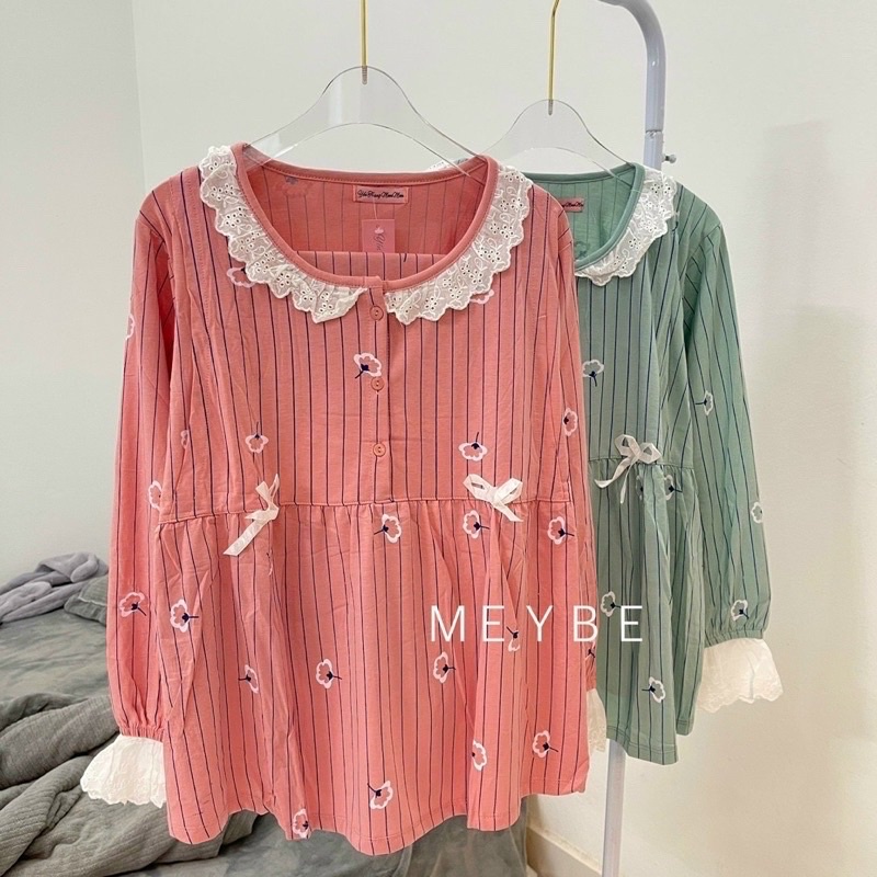 Bộ bầu và sau sinh dài tay, cổ ren bèo chất cotton đẹp mềm, kiểu dáng kẻ sọc cực xinh và trẻ trung BD46