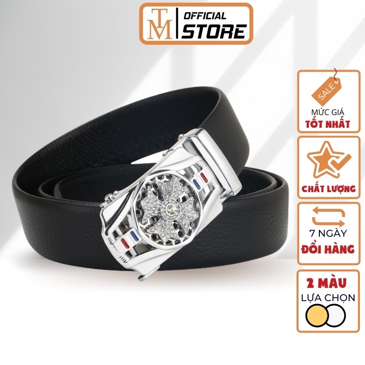 Thắt lưng nam da cao cấp, mặt xoay trắng bạc đính đá sang trọng, khóa tự động - Dây lưng nam TL23 Xịn