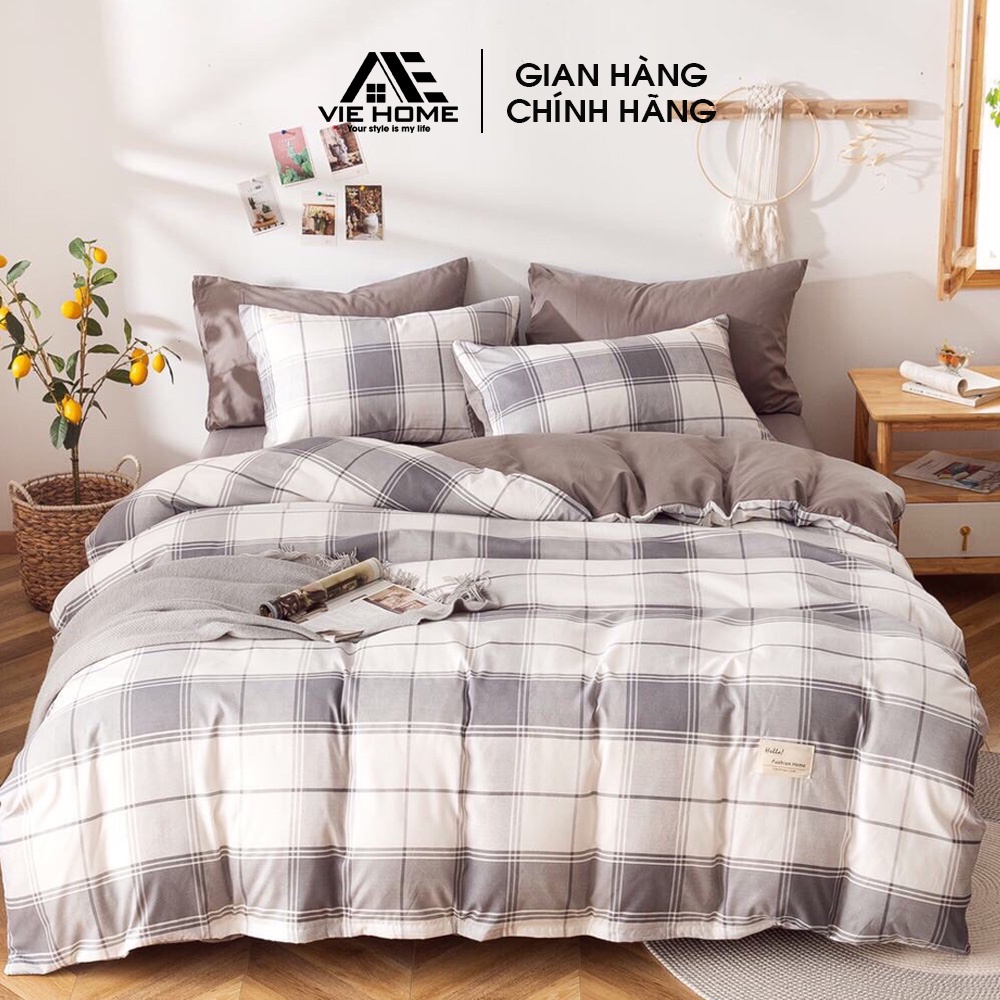 Bộ chăn ga gối cotton tici kẻ VIE HOME bedding, họa tiết kẻ dễ thương