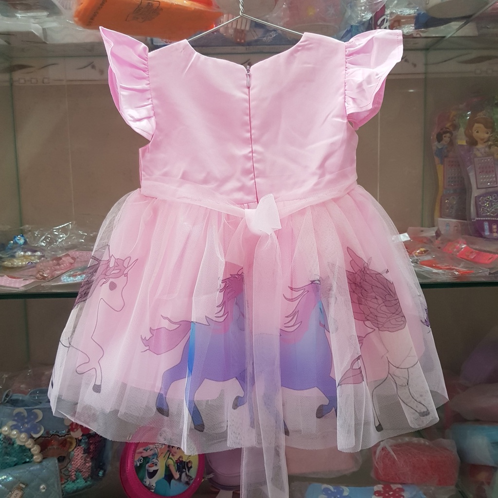 Đầm phi mờ in 3d chân voan ngựa pony uincorn dễ thương cho bé dự tiệc