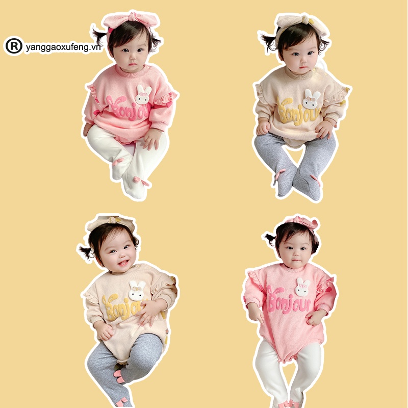 Bộ áo liền quần và băng đô quấn đầu hình tai thỏ xinh xắn cho bé gái sơ sinh