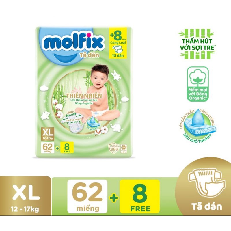 Tã dán thiên nhiên Molfix Super Jumbo S80/M76/L68/XL62/XXL56 tặng 8 miếng