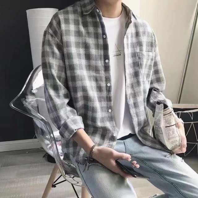 Áo sơ mi tay dài kẻ sọc caro phong cách Hàn Quốc thời trang xuân hè cho nam size M-3XL