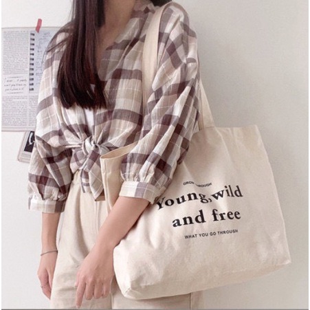 Túi tote vải canvas có túi nhỏ bên trong có khóa miệng ulzzang unisex nhiều mẫu