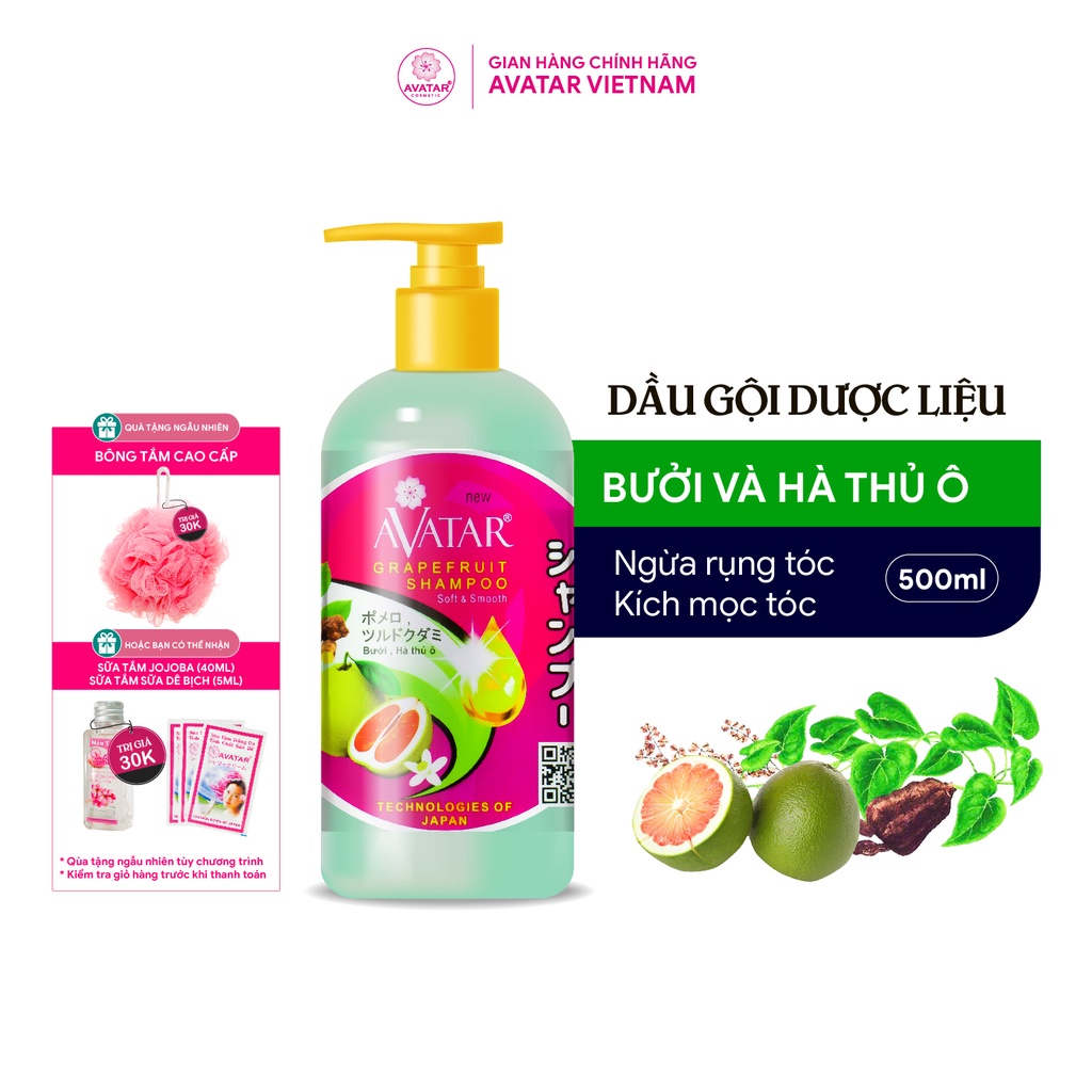 Dầu gội Thảo Mộc Bưởi &amp; Hà Thủ Ô AVATAR Giảm Rụng Tóc Bạc Tóc 500ml