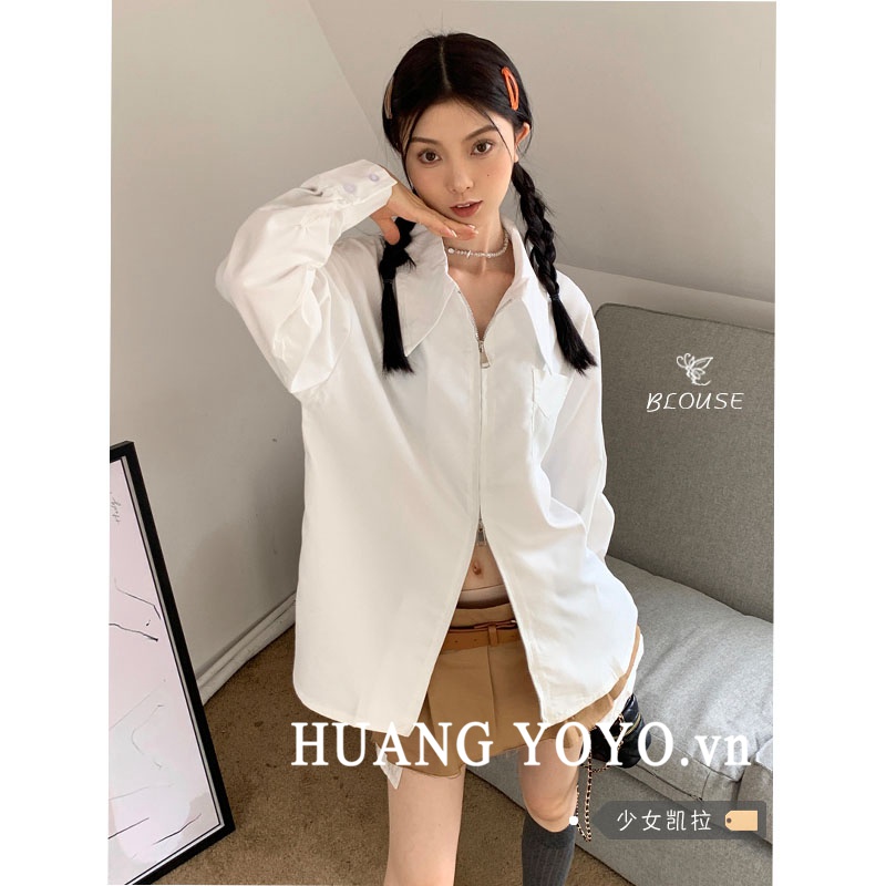 HUANG YOYO  Áo Khoác cardigan Tay Dài Dáng Rộng Màu Trơn Có Khóa Kéo Thời Trang Hàn Quốc Cho Nữ