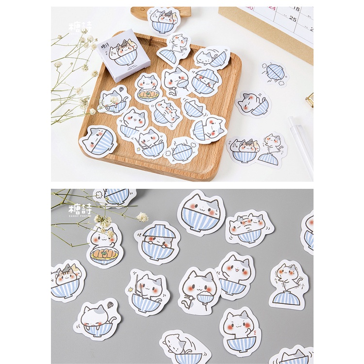 Hộp 45 sticker Mèo và Bát nhãn dán trang trí sổ tay Bullet journal