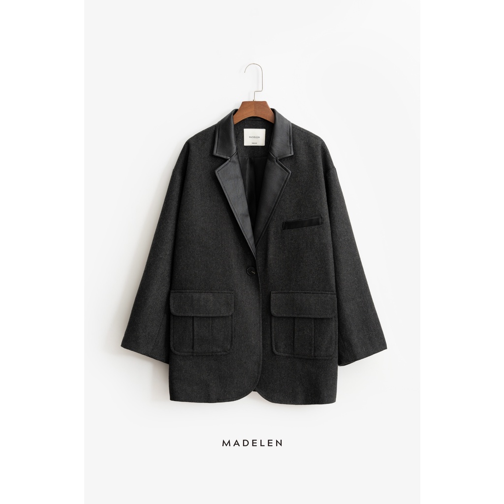 Áo khoác dạ nữ MADELEN mix da màu xám đen dáng rộng freesize | BigBuy360 - bigbuy360.vn
