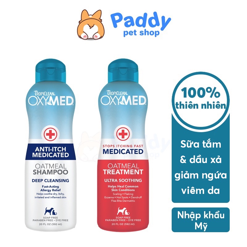 [Mã PET50 giảm 10% - tối đa 50K đơn 250K] Sữa Tắm &amp; Dầu Xả Ngừa Viêm Da &amp; Cấp Ẩm Cho Chó Mèo Tropiclean Oxymed 592ml