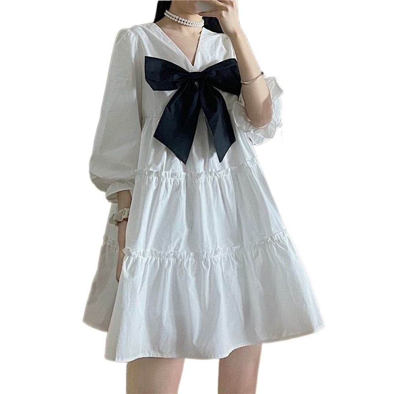 Đầm Perty màu trắng thắt nơ tay phồng phong cách Hàn Quốc thời trang mùa hè mới