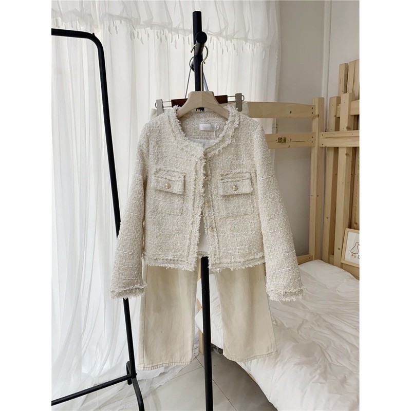 Pass áo dạ tweed dáng ngắn màu trắng kem size M