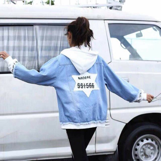 [VIP] Áo khoác jean nữ có mũ nỉ Star lung linh loại 1 form rộng 3 size M-L-XL