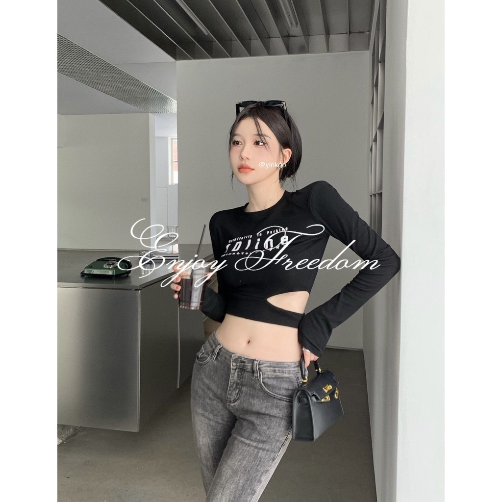 Enjoy Freedom Áo Thun Croptop Tay Dài Dáng Ôm In Chữ Thời Trang Thu Đông 2022