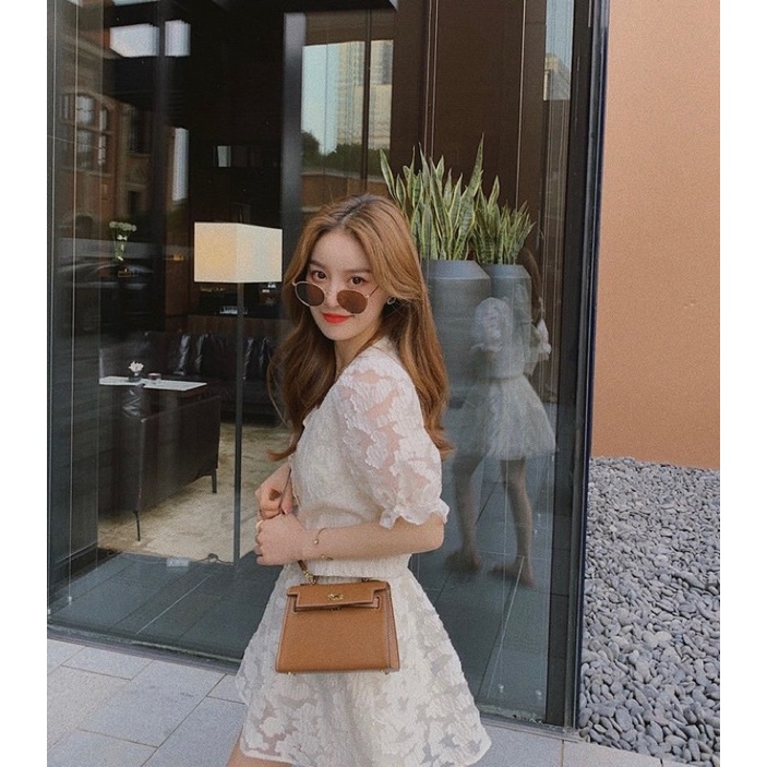 Set Ren Thêu Hoa Nổi Áo Mix Chân Váy Xoè (Hàng Quảng Châu Loại 1) Set Đồ Xinh Hàn Quốc