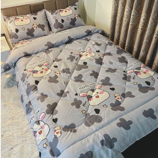 Bộ chăn phao trần bông ga gối 5 món poly cotton mền dày êm
