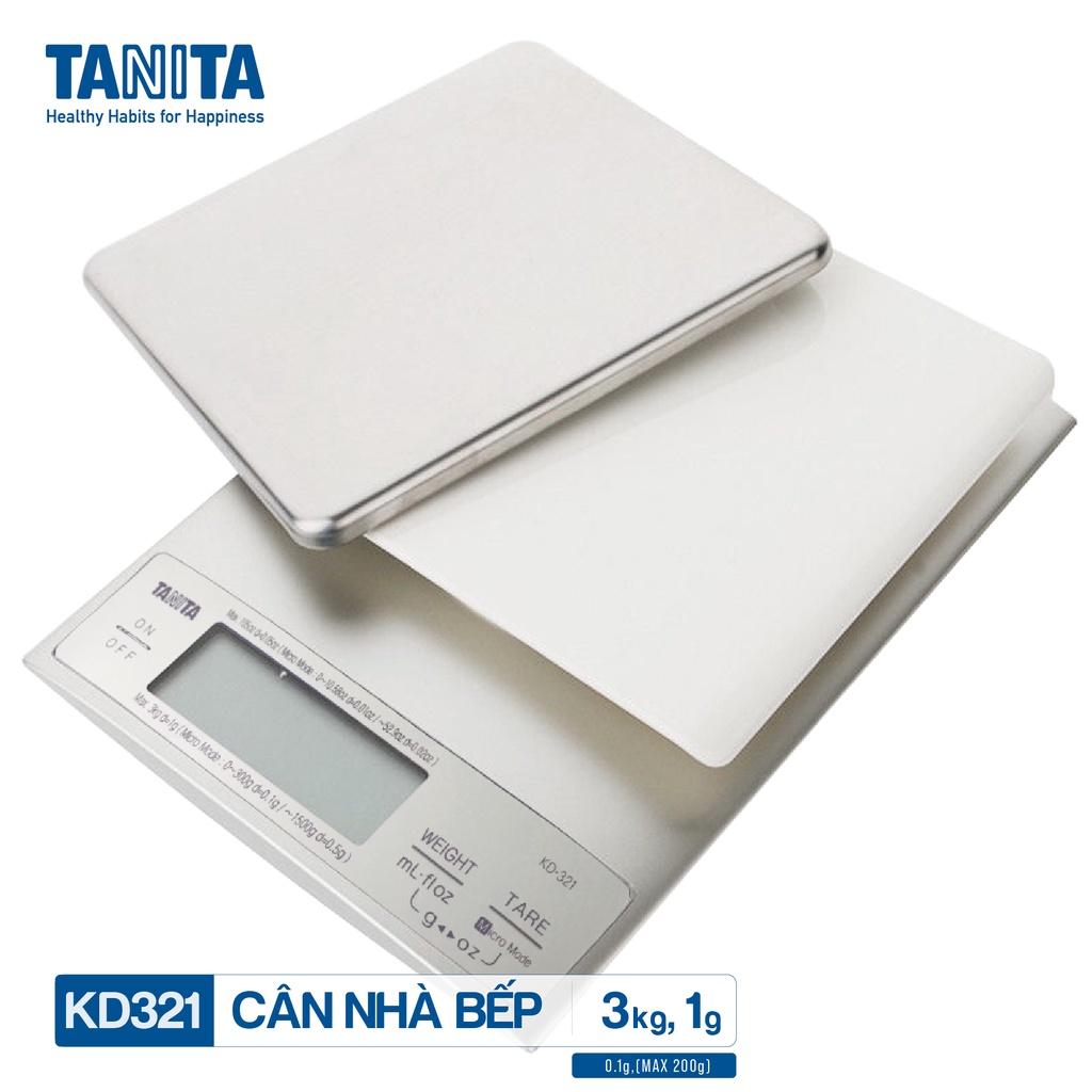 Cân tiểu ly điện tử nhà bếp mini Tanita KD321 3kg - 0.1g chính hãng nhật bản, dùng làm bánh, hỗ trợ giảm cân, tặng pin