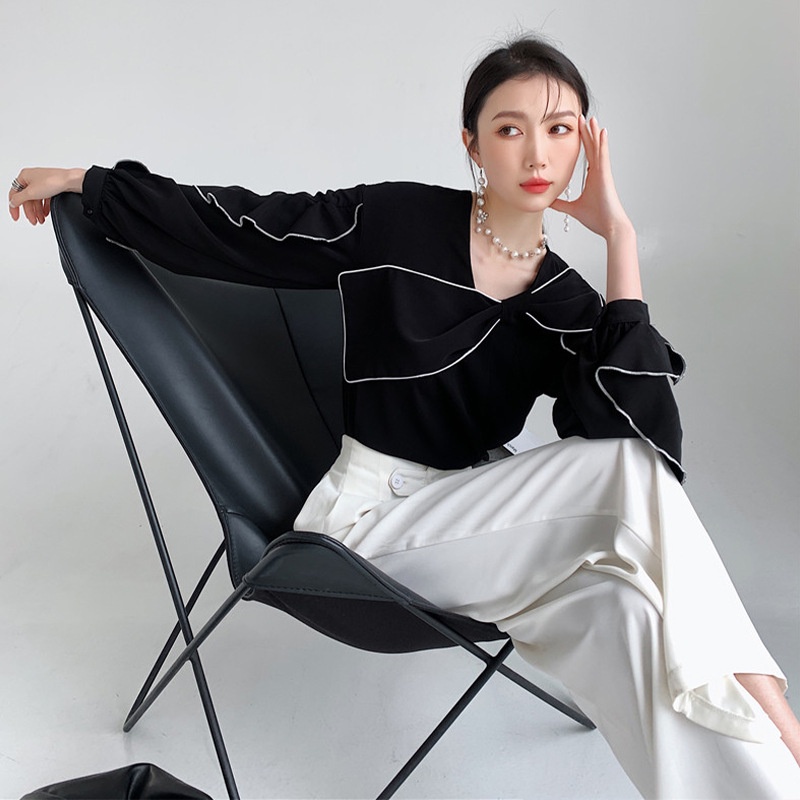 Áo sơ mi công sở nữ sang chảnh đẹp kiểu Hàn Quốc tay dài bánh bèo tiểu thư form rộng tay dài cao cấp Quảng Châu DK10T203