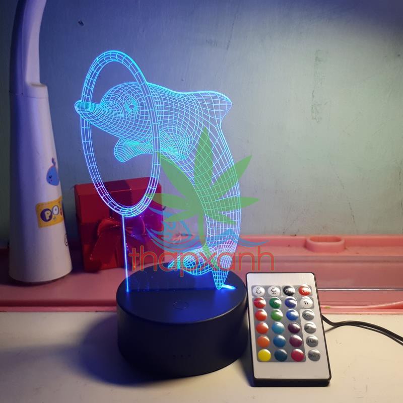 Đèn ngủ, Đèn trang trí Led 3D, Đèn ngủ 16 màu mini có điều khiển Cá Heo