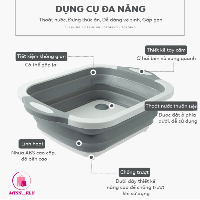 Chậu rửa đa năng kiêm thớt tiện dụng 2 trong 1, rổ nhựa TPR gấp gọn cao cấp, an toàn chịu nhiệt tốt