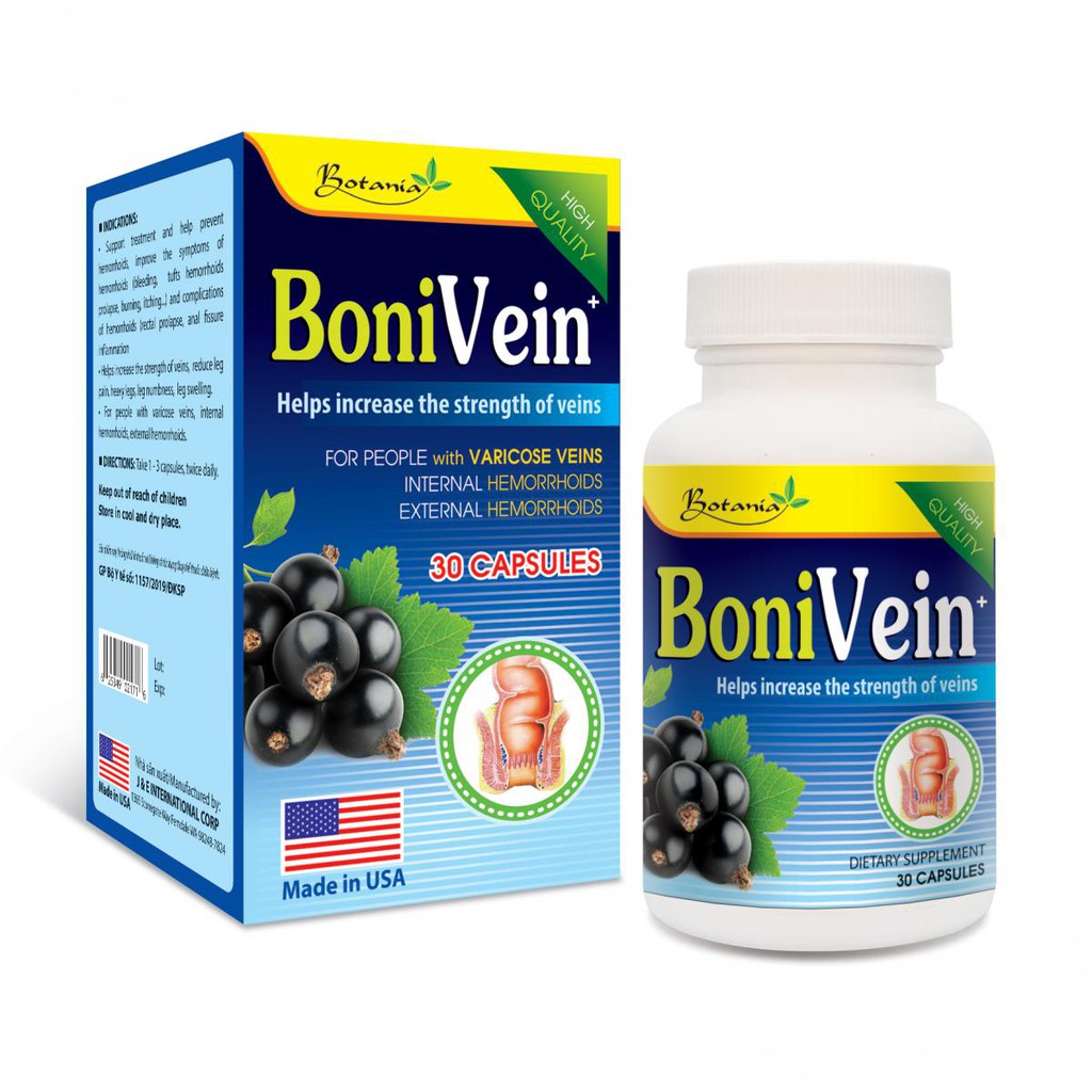 BoniVein +  Hỗ trợ tăng sức bền của tĩnh mạch, giúp giảm các triệu chứng chảy máu, sa búi trĩ (lọ 30 viên)