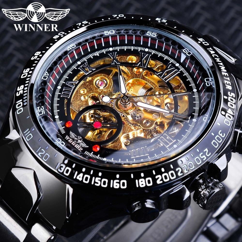 Đồng Hồ Cơ Lộ Máy Winner 2019 Màu Đen Vàng Phong Cách Steampunk