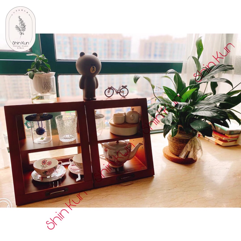 Tủ Gỗ Để Bàn Kính 2 Mặt Đựng Bánh Cà Phê Chén Bát Ly Cốc Phong Cách Retro SS12