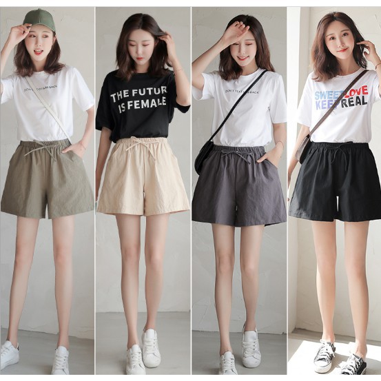 Quần short nữ chất đũi, phong cách ulzzang, quần đùi nữ bo chun có dây lên dáng cực xinh