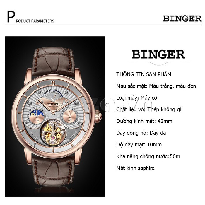 Đồng hồ cơ nam Tourbillon 6 kim Binger BG94