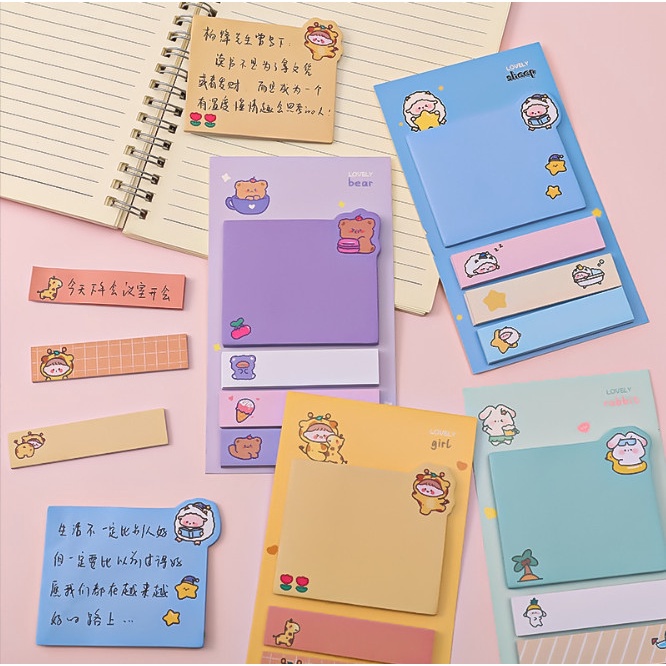 Bảng set giấy note, đánh dấu trang nhiều kích thước hình thú siêu cute BAG U BANGNOTEVUONG078