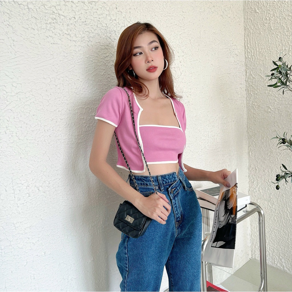 Bộ áo ống dáng croptop nữ viền màu TOPTIFY kèm khoác ngoài Tube Set AC153