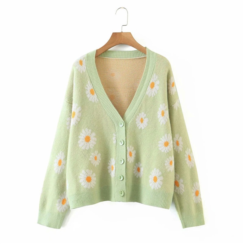 Áo Khoác Len Cardigan Nữ Tay Dài Cổ Chữ V In Hoa Thời Trang