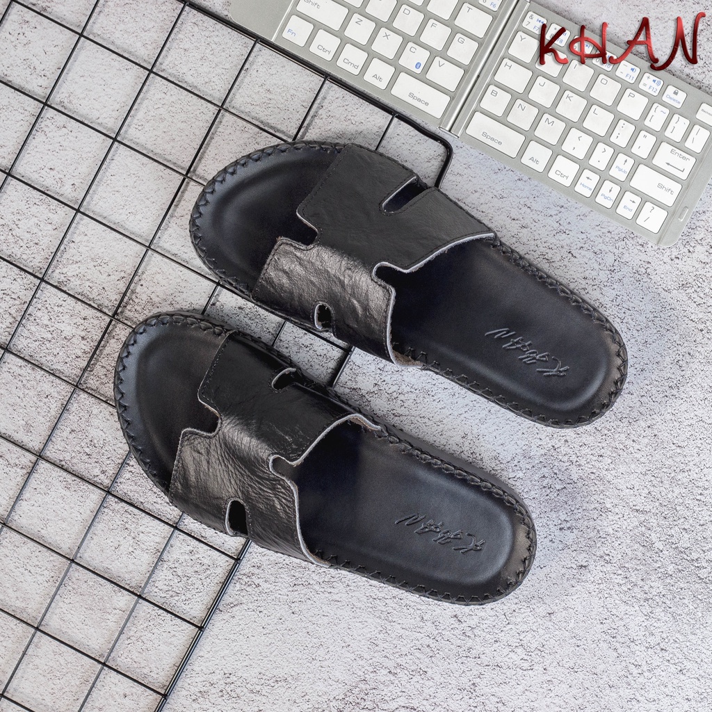 Dép Nam quai ngang , quai ngang da bò chữ H cao cấp Z-02 màu đen