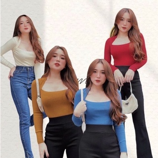 ÁO KIỂU THUN GÂN CỔ VUÔNG YẾM TAY DÀI NỮ 01 //Thiên Yết