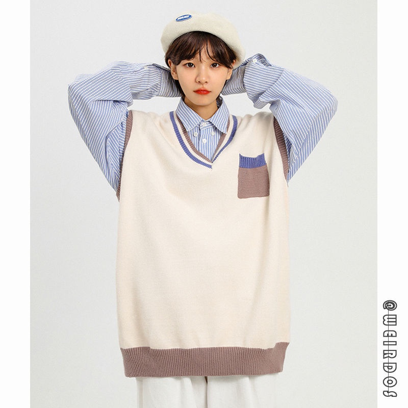 Áo len không tay phối màu tương phản phong cách vintage Nhật Bản