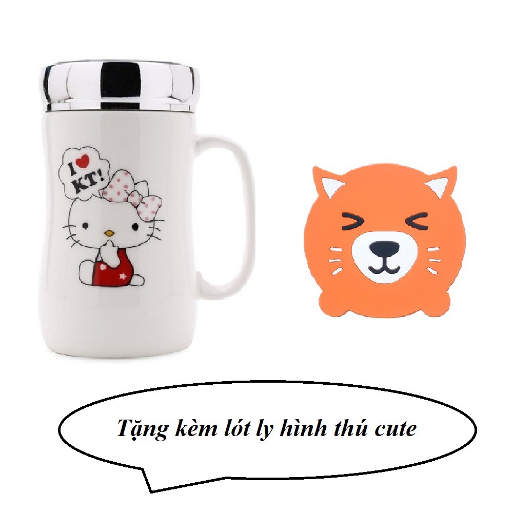 COMBO: Ly gốm sứ họa tiết nắp gương+ TẶNG KÈM lót ly hình thú siêu cute