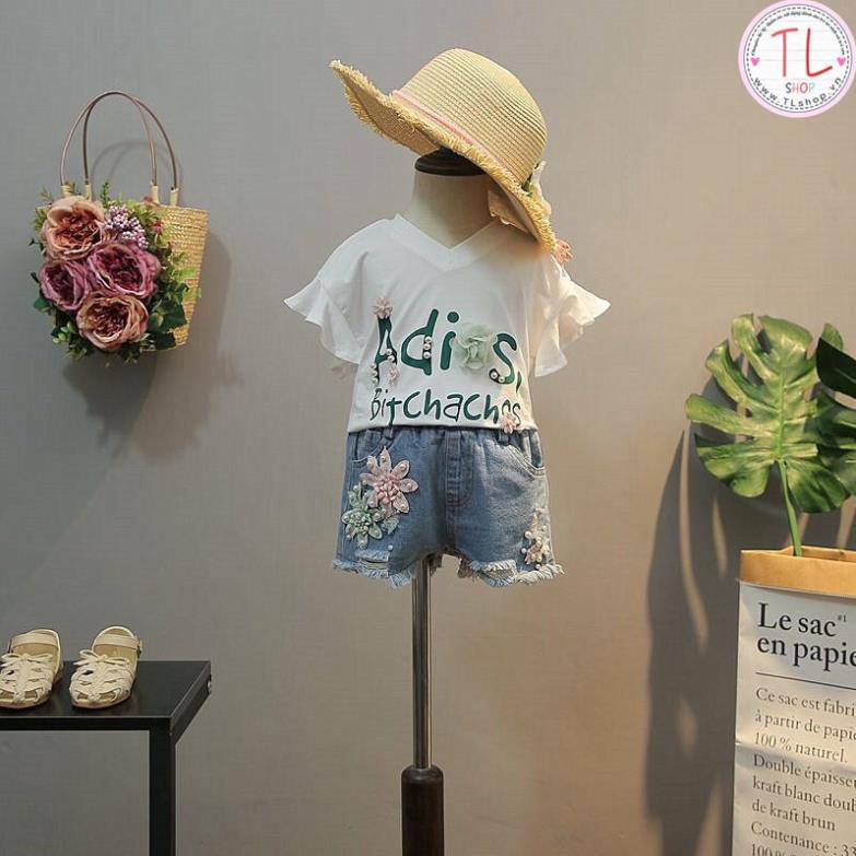 Set bộ áo thun quần short jean ngắn đính hoa cho bé - Bộ bé trai - bộ bé gái - Thời trang trẻ em