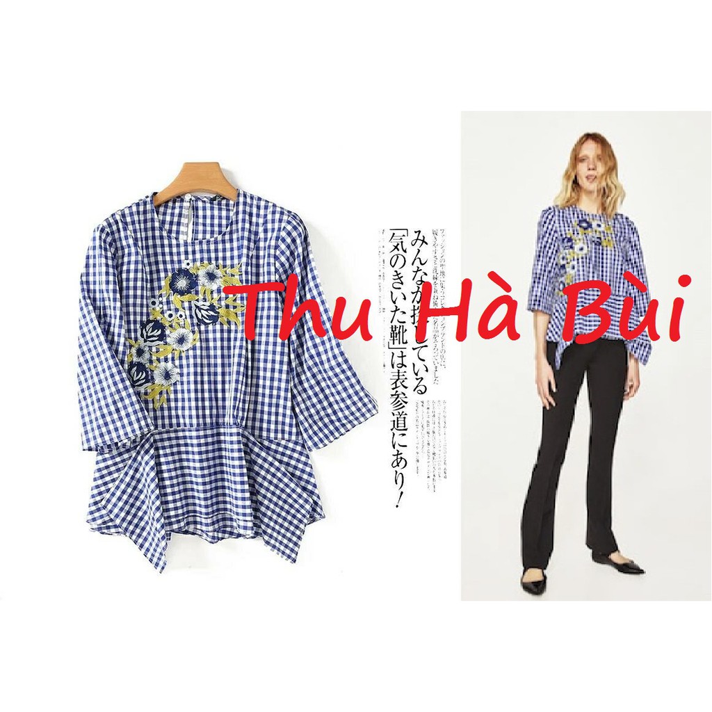 Áo thô kẻ caro thêu hoa của Zara hàng TQXK size S