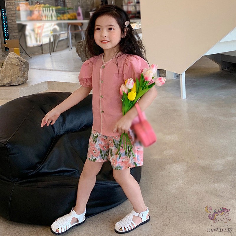 Bộ Áo Tay Phồng + Quần Short In Hoa Thời Trang Mùa Hè Hàn Quốc Cho Bé Gái