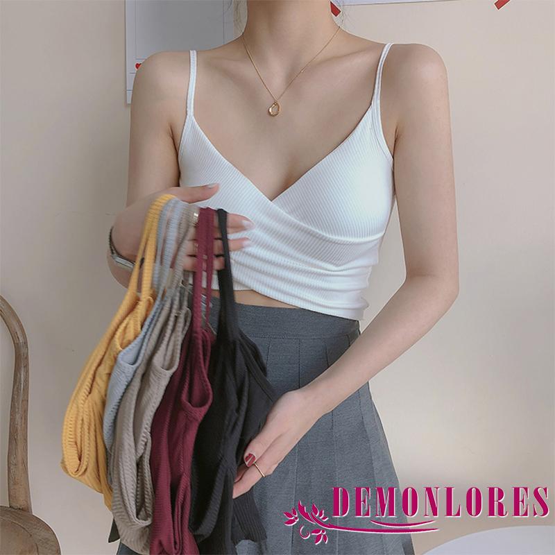 Áo hai dây cổ chữ V khoét sâu croptop bằng len tăm gân có đệm mút gợi cảm quyến rũ cho nữ