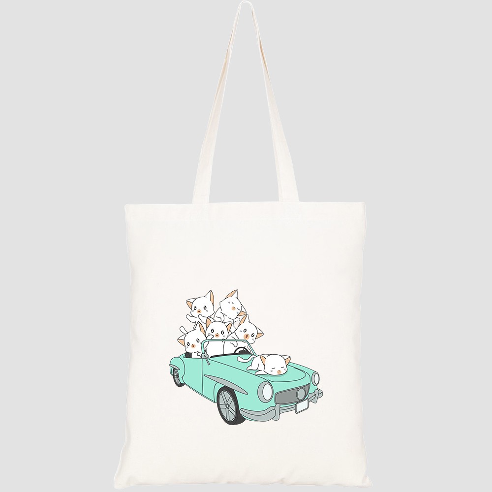 Túi vải tote canvas HTFashion in hình drawn kawaii cats green car HT172