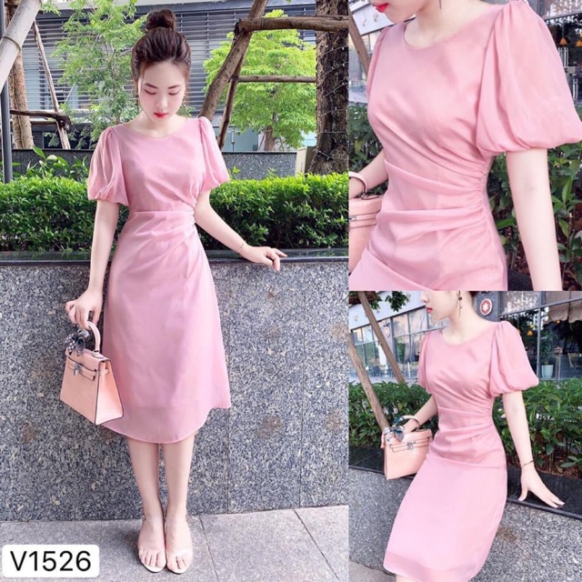 VÁY CHIẾT EO HỒNG TƠ LỤA TAY BỒNG
