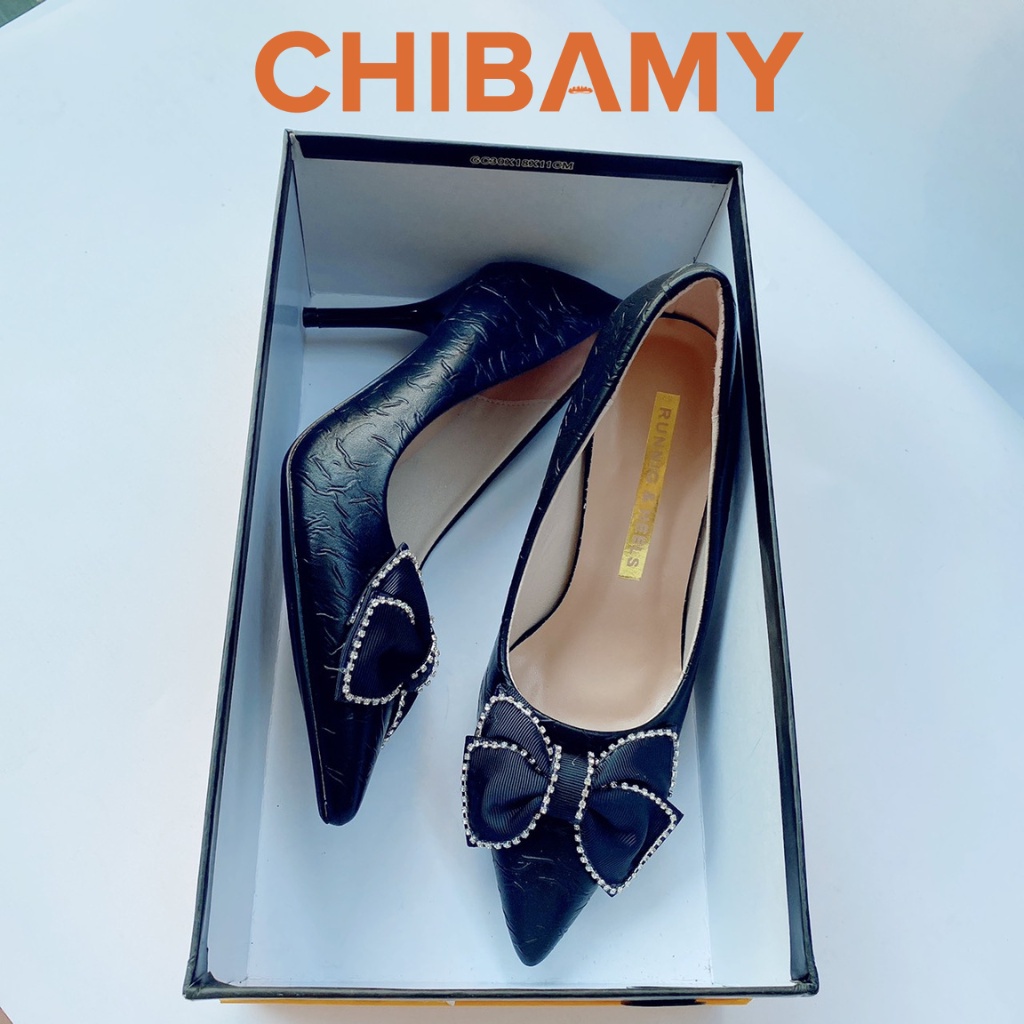 Giày cao gót mũi nhọn nữ đính nơ da nhăn CHIBAMY mã CG04, Giày gót nhọn 8cm đi tiệc, giày cưới cô dâu