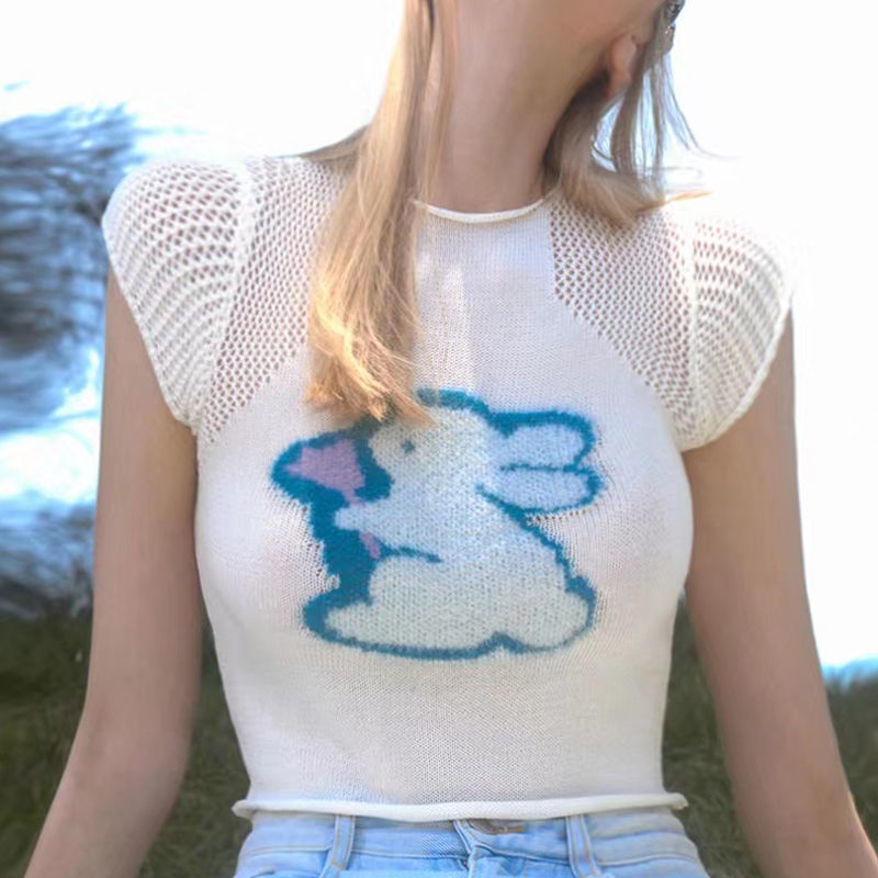 ☒❒☞Áo Dệt Kim In Hình Thỏ Và Hoa Phong Cách Retro Mỹ Thời Trang Mùa Hè 2022 Cho Nữ