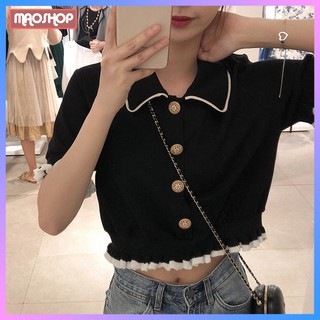 Áo Ulzzang nữ dáng croptop cổ Polo chất len tăm đen viền trắng độc đáo phong cách Hàn Quốc C23 - MaoMao