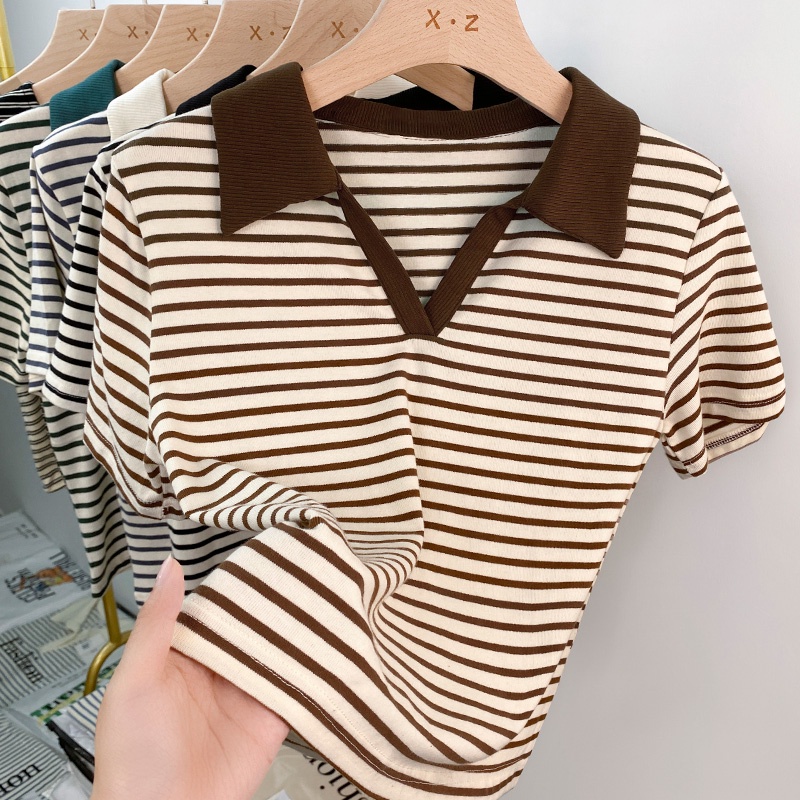 Áo Thun Polo Tay Ngắn Cổ Chữ v Họa Tiết Kẻ Sọc Thời Trang Mùa Hè Hàn Quốc Dành Cho Bạn Nữ 54031